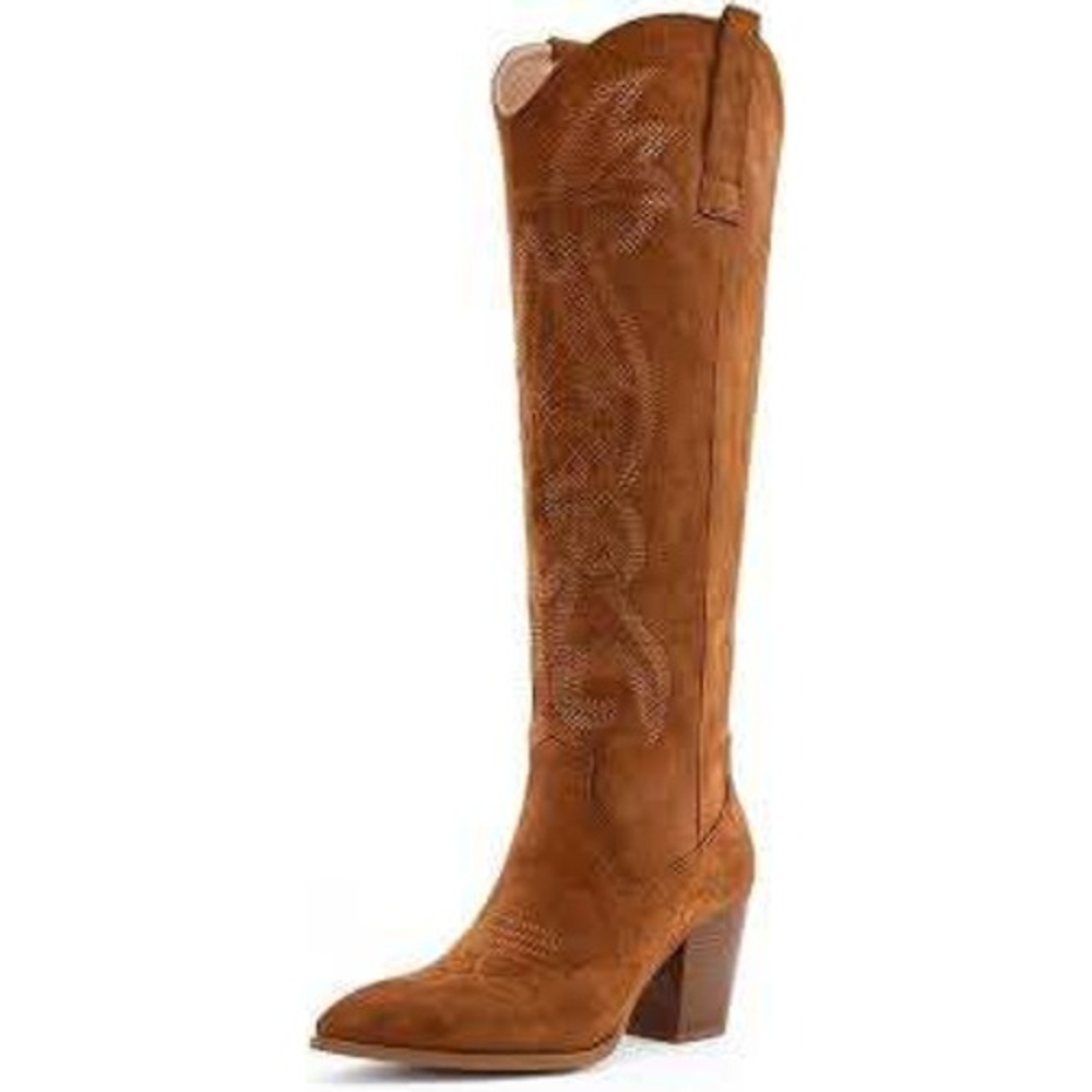 Western Knee High Boots Womens 7 Tan Brown Excellent Embroidered Suede